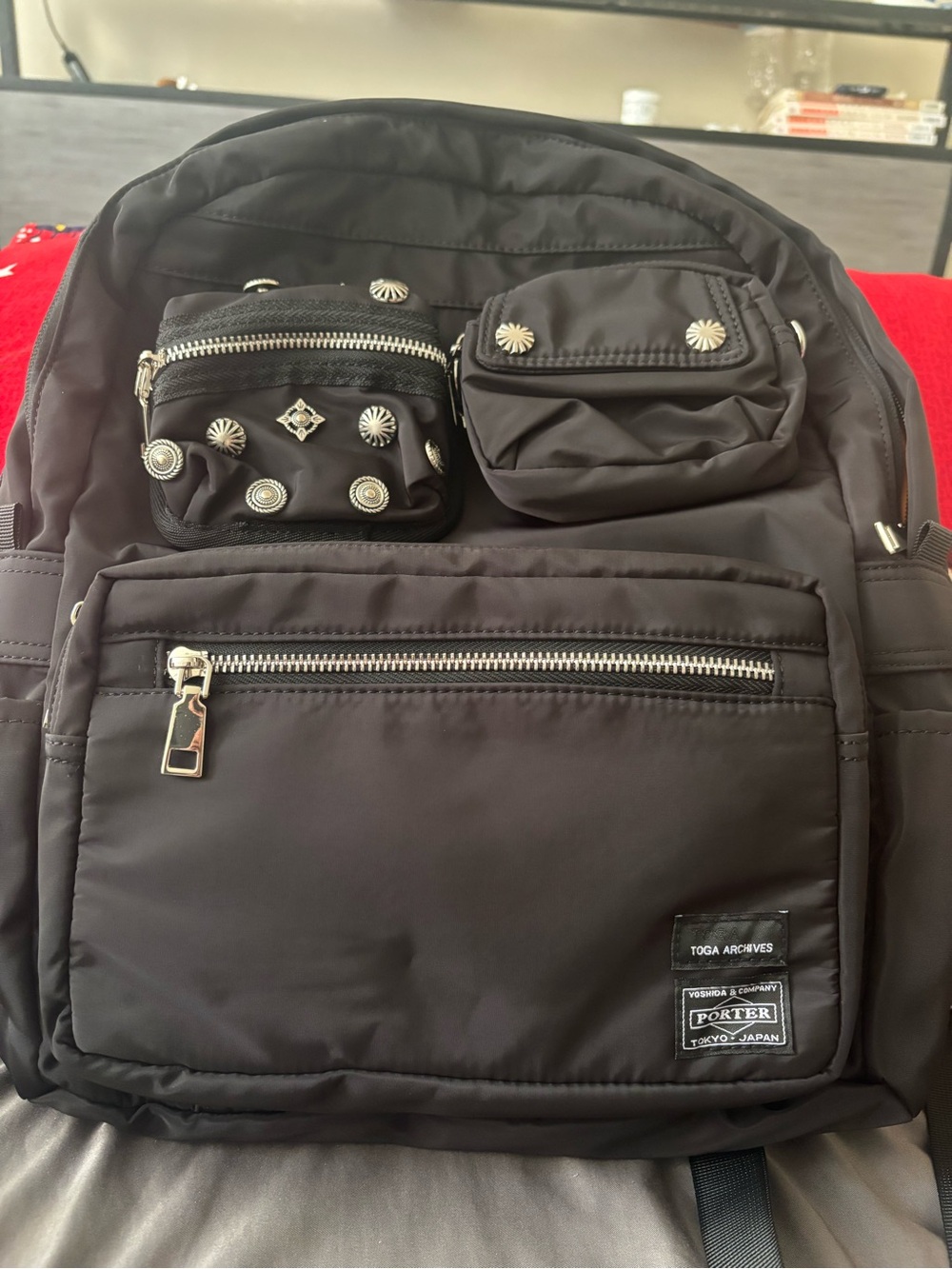 Black Nylon Backpack with Studded Pockets